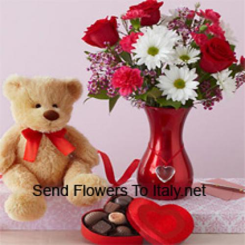 Roses and Gerberas with Cute Teddy and Chocolates