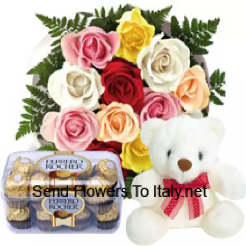 Bos van 11 rode rozen met seizoensvullers, een schattige 12 inch hoge witte teddybeer en een doos met 16 stuks Ferrero Rochers