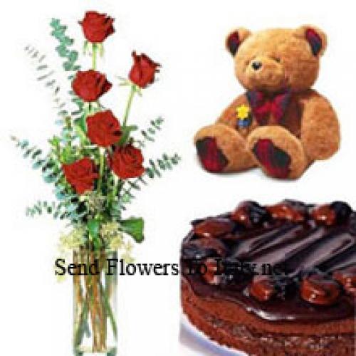 7 Red Roses with Chocolate Cake and Teddy