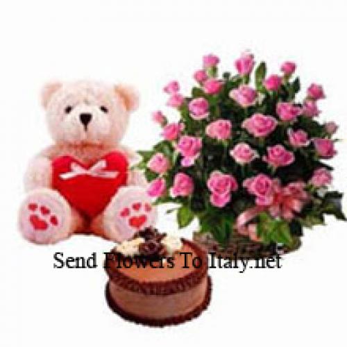 25 Roses with 1.5 Feet Teddy and Cake