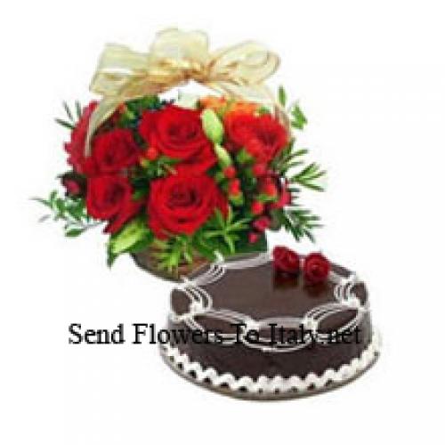 11 Rose Basket with Chocolate Truffle Cake