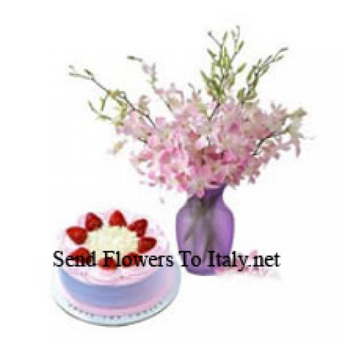 Orchids with Yummy 1/2 Kg Strawberry Cake