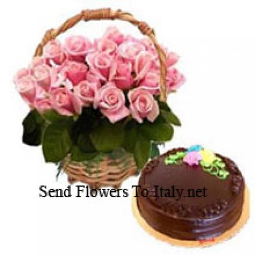 25 Pink Roses with Chocolate Truffle Cake