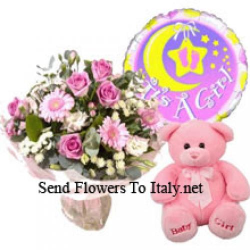 Pink Assorted Flowers with Balloon and Teddy