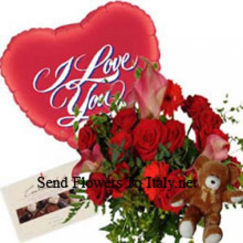 Roses and Gerberas with Balloon, Chocolate and Teddy