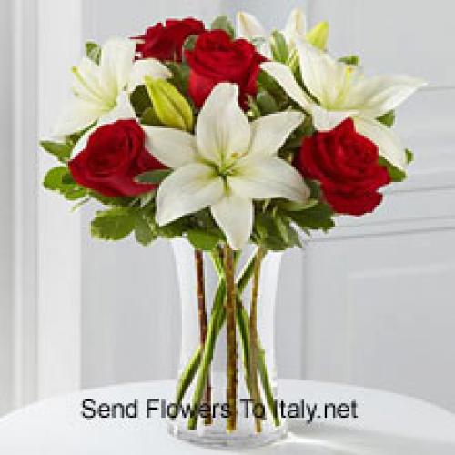 Red Roses and Cute White Lilies in Vase