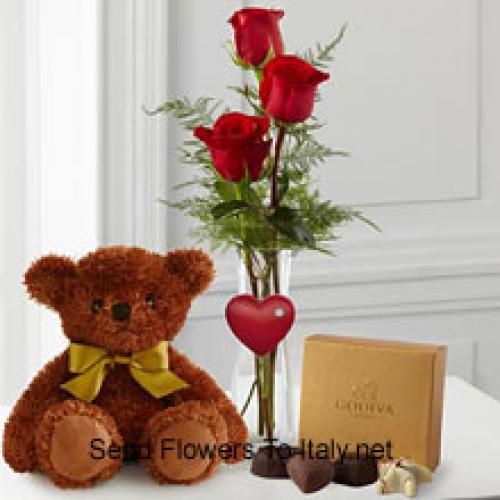 3 Rote Rosen mit Teddy und Schokolade