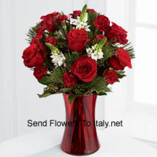 Roses and Assorted Greenery in Red Vase