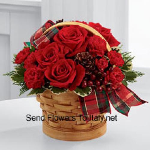 Wooden Basket of Roses and Carnations with Assorted Flowers